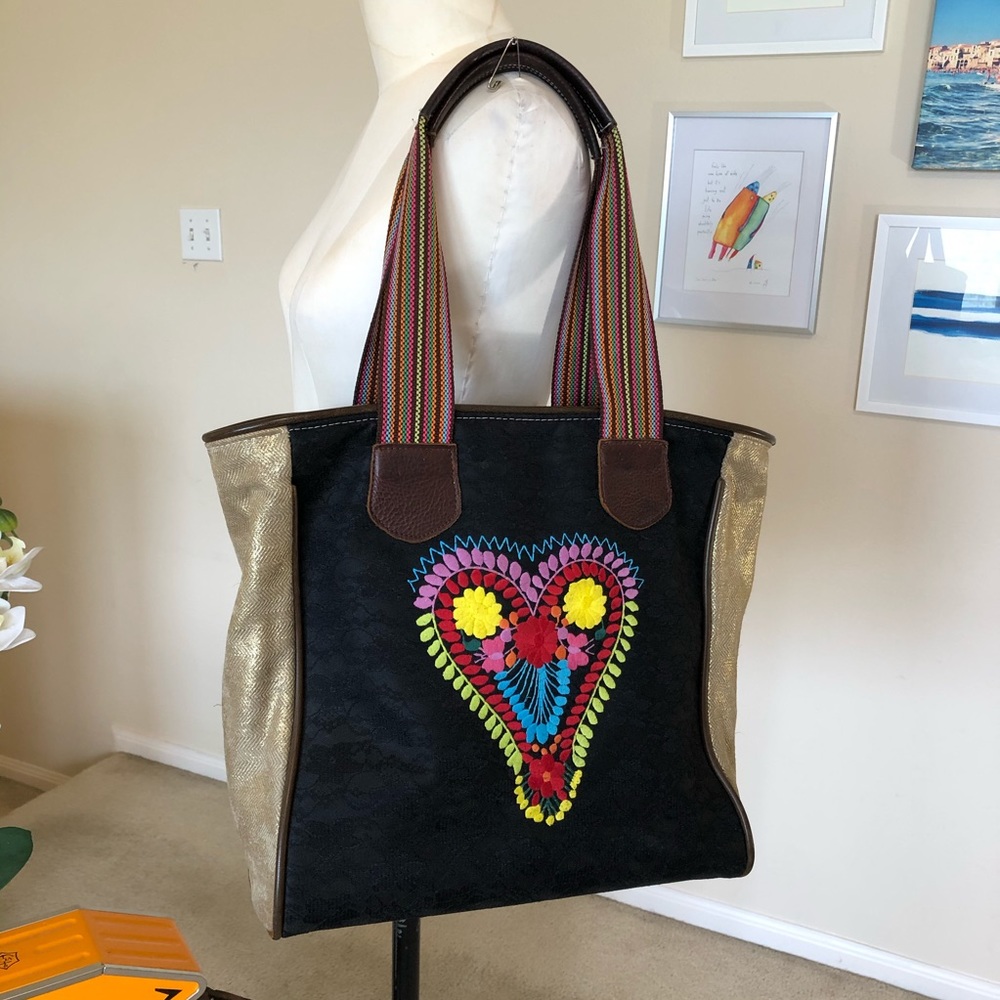 CONSUELA black lace embroidered heart classic tote